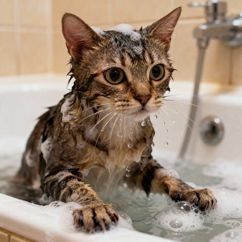 stressed cat during bath