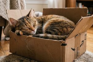 Cat blissfully wedged in a cardboard box—instinct at work.