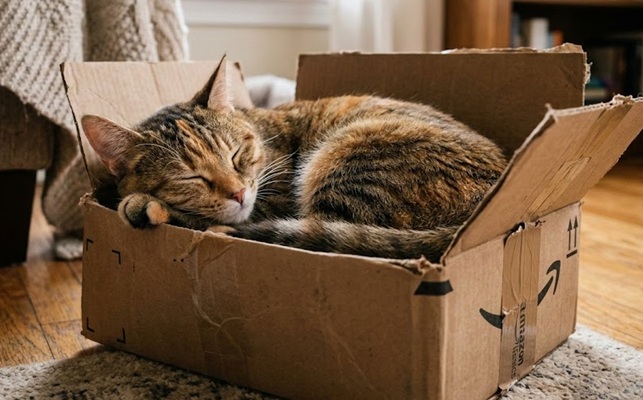 Cat blissfully wedged in a cardboard box—instinct at work.